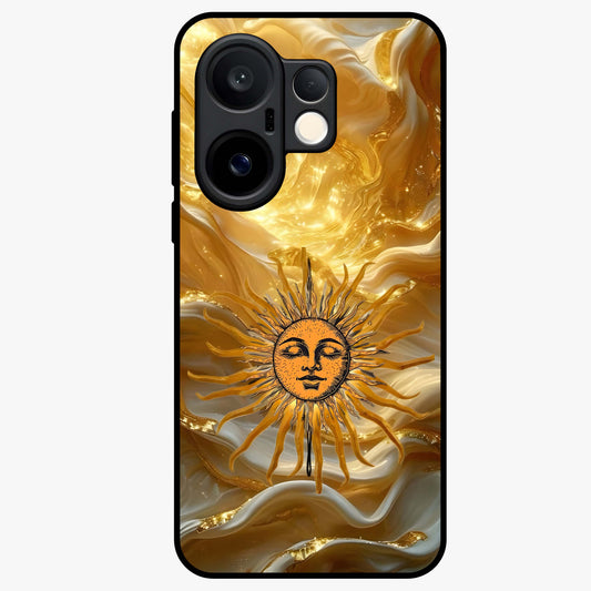 Eternal Golden Glow Glass Case showing flat back view with radiant golden themed artwork and glossy glass finish.