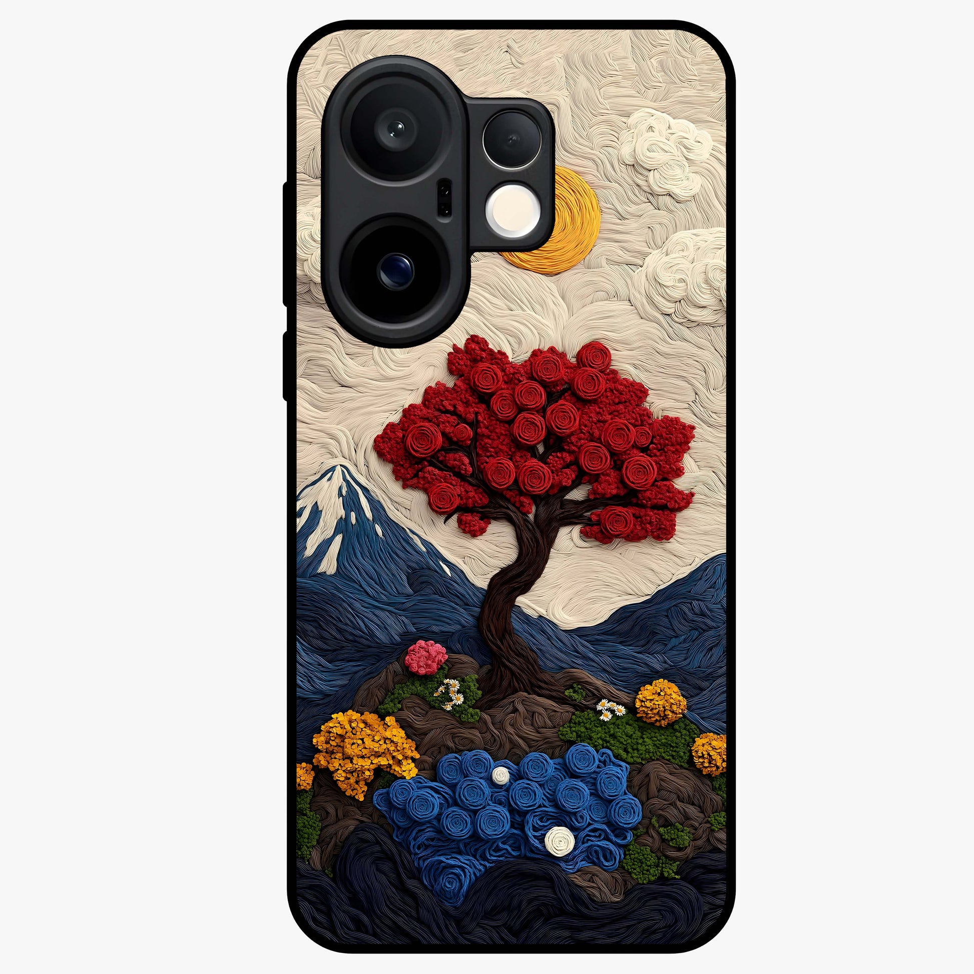 Eternal Nature Tapestry Glass Case showing flat back view with intricate nature tapestry artwork and glossy glass finish.