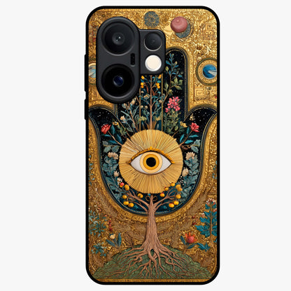 Ethereal Evil Eye Glass Case showing flat back view with mystical evil eye artwork and glossy glass finish.