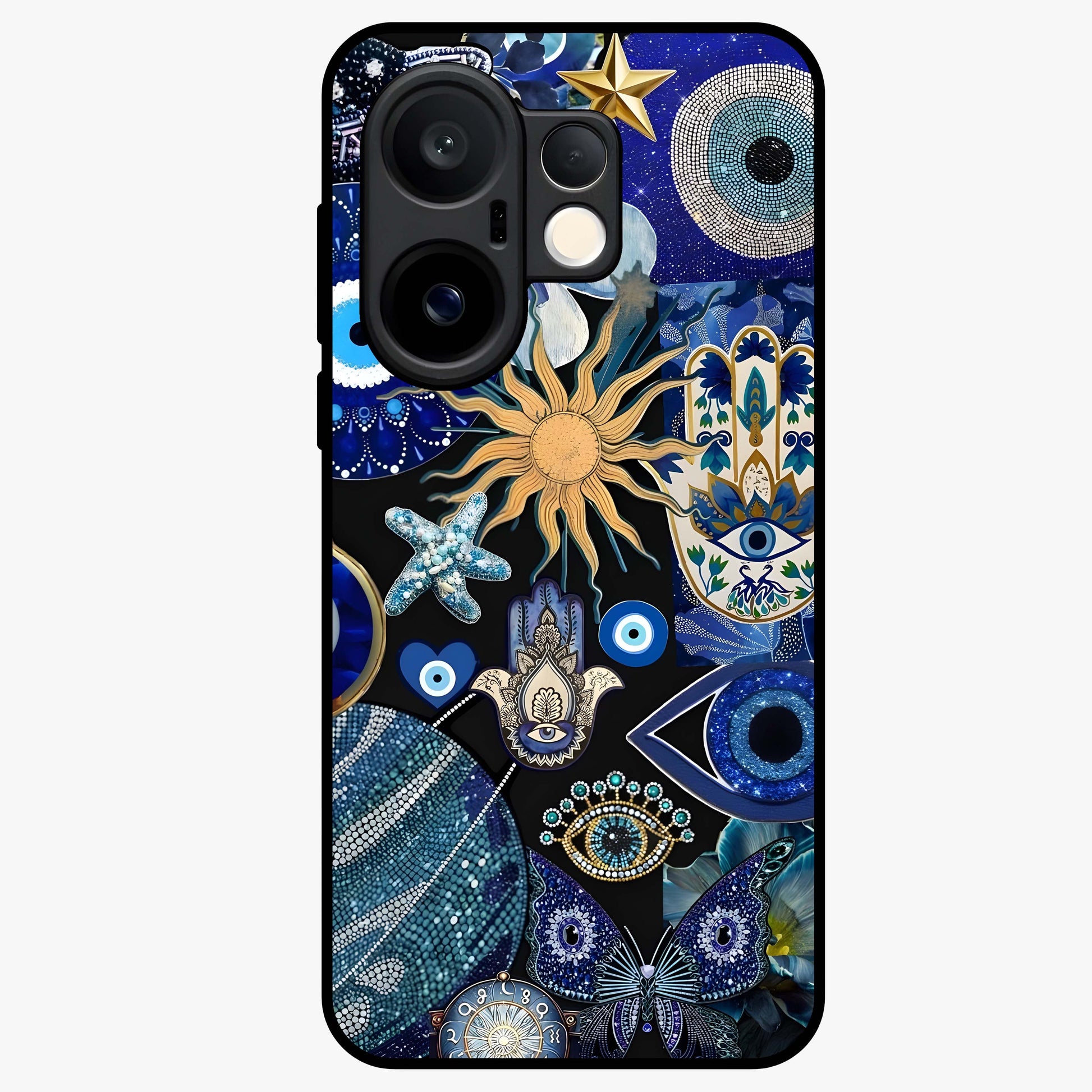 Evil Eye Charm Mix Glass Case showing flat back view with multiple evil eye charms artwork and glossy glass finish.
