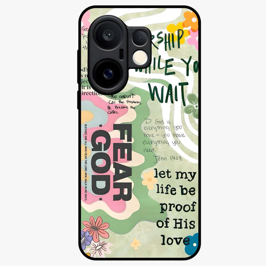 Faith Over Fear Glass Case showing flat back view with motivational typography artwork and glossy glass finish.