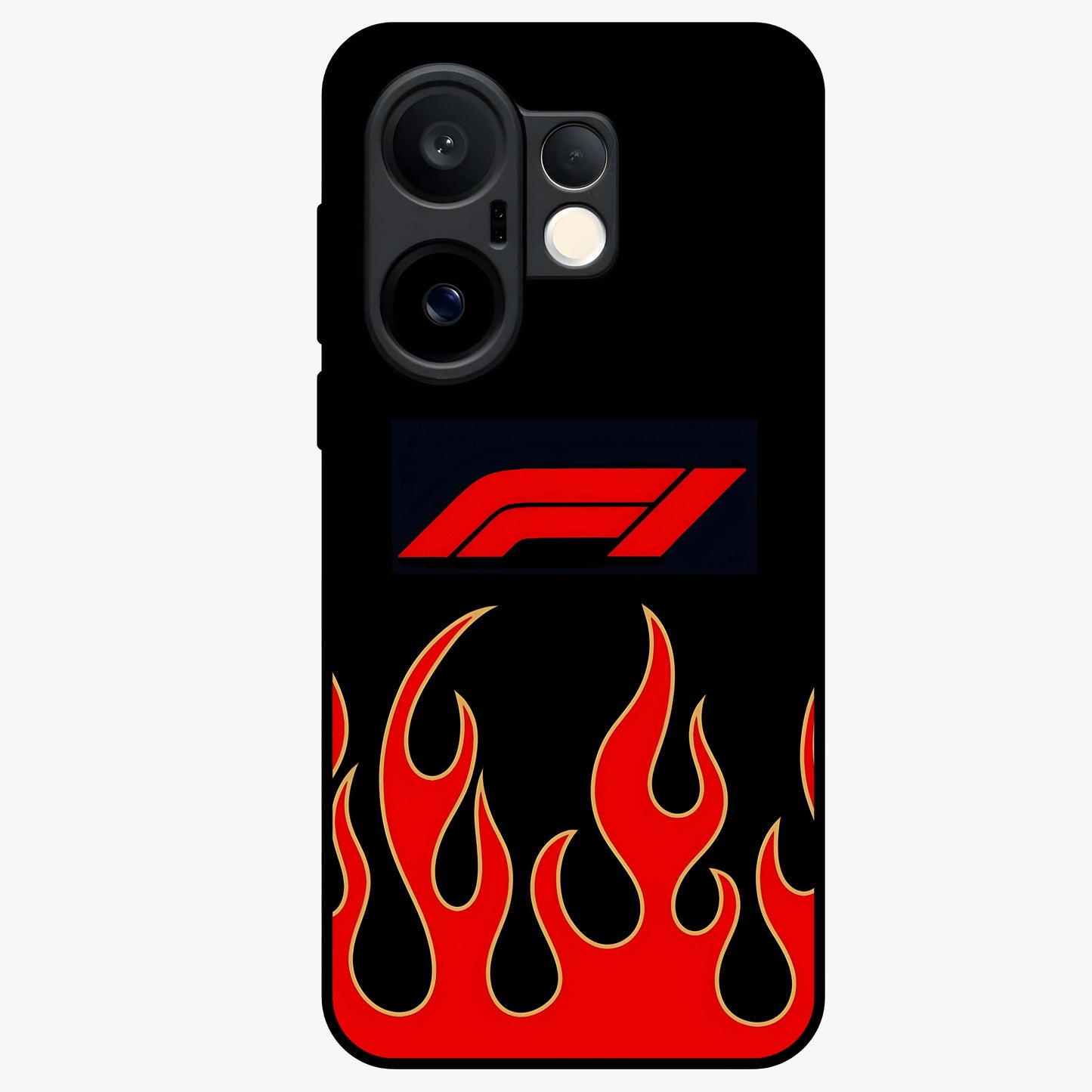 Fire F11 Glass Case showing flat back view with fiery themed artwork and glossy glass finish.