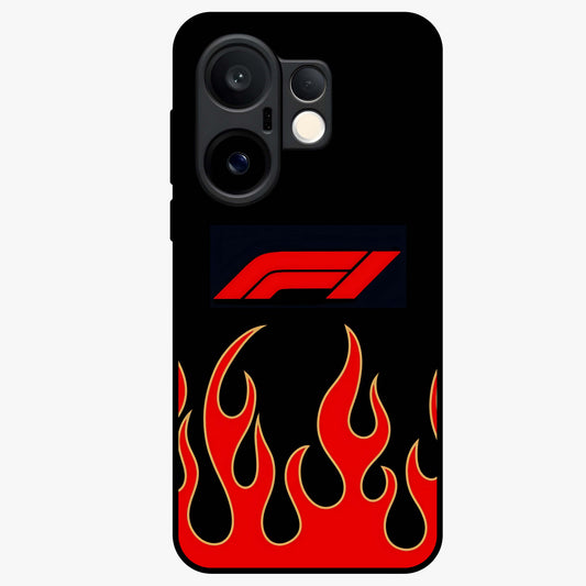 Fire F11 Glass Case showing flat back view with fiery themed artwork and glossy glass finish.
