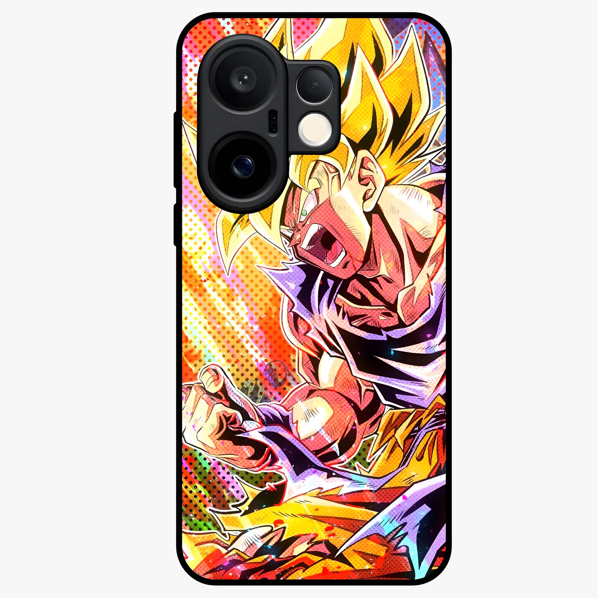 Firing Goku Glass Case showing flat back view with powerful anime inspired artwork and glossy glass finish.