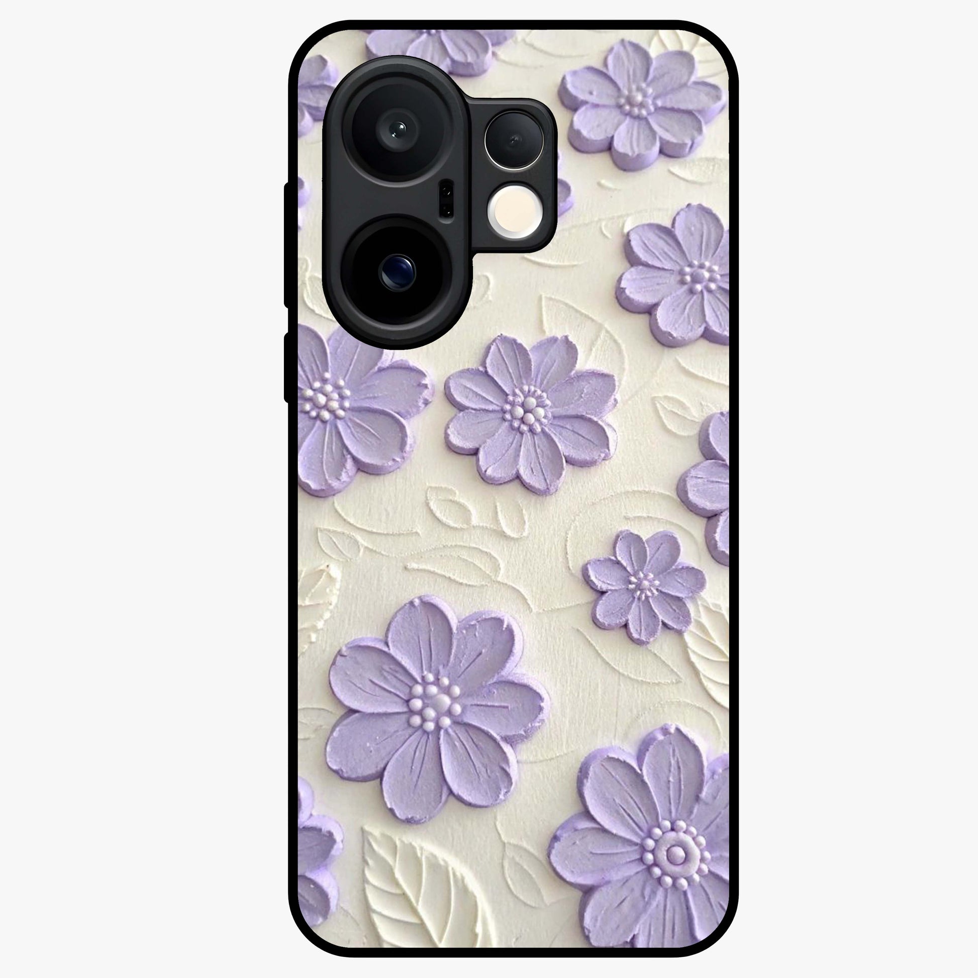Floral Wall Art With Purple Flowers Glass Case showing flat back view with purple flower artwork and glossy glass finish.
