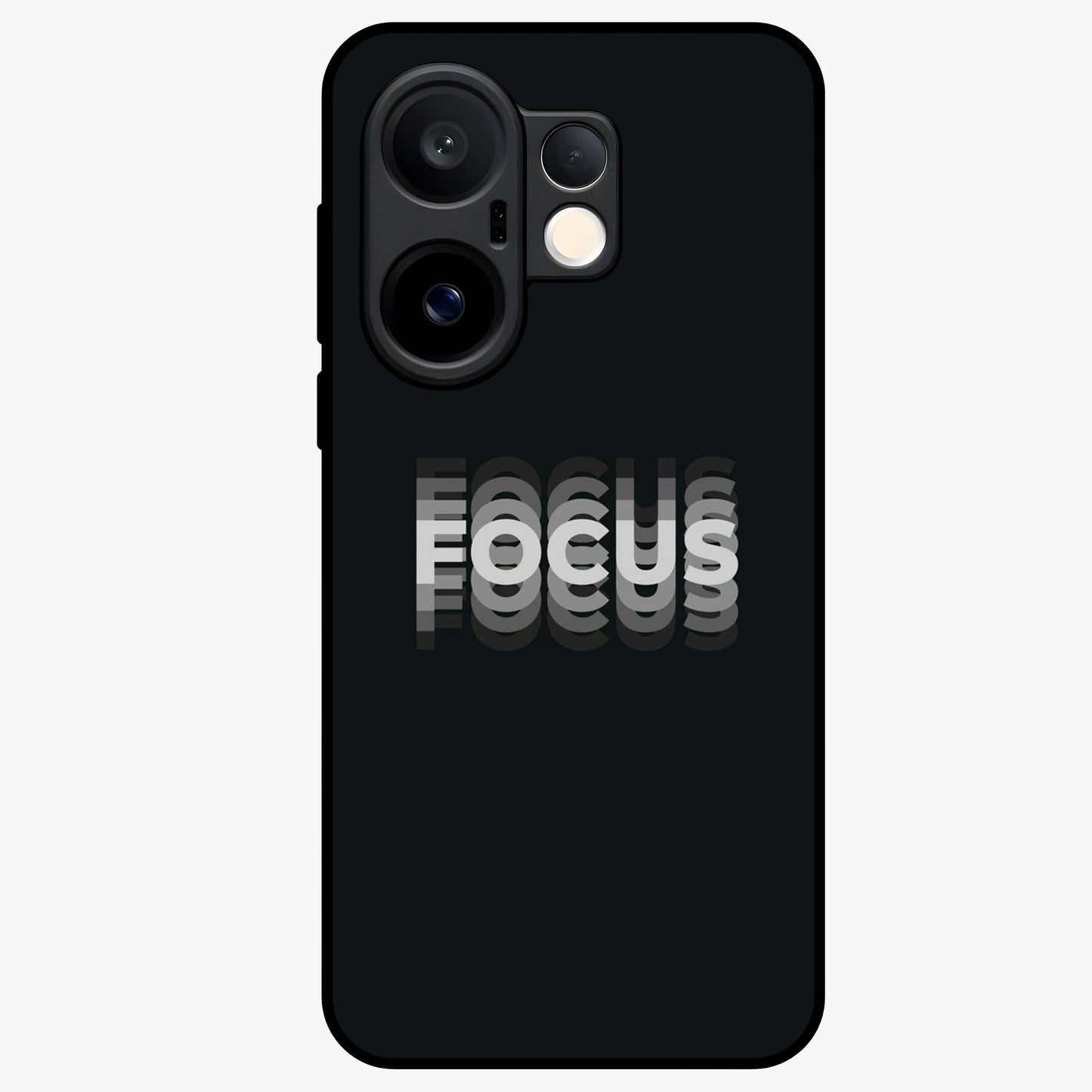 Focus Mode On Glass Case showing flat back view with bold motivational typography design and glossy glass finish.