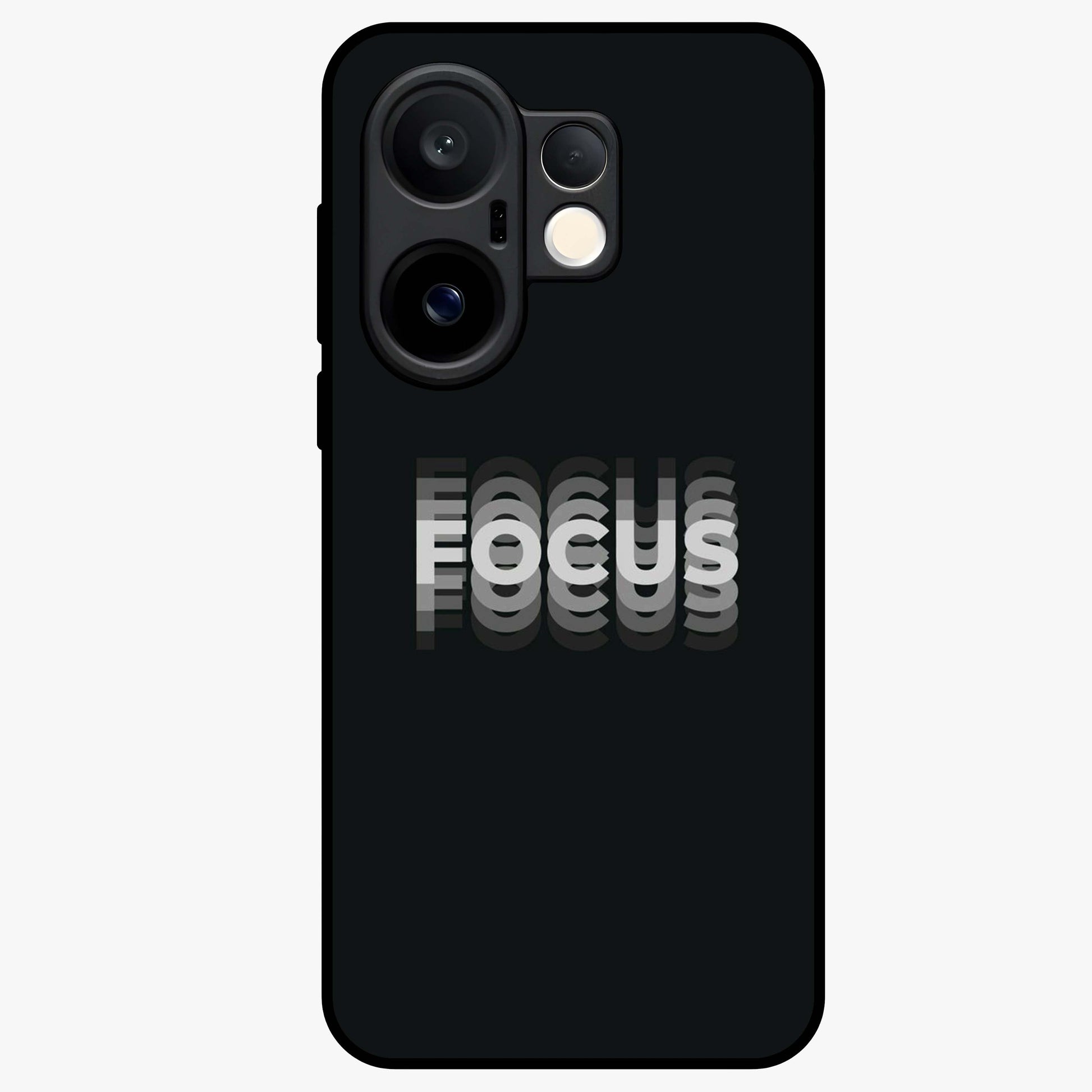 Focus Mode On Glass Case showing flat back view with bold motivational typography design and glossy glass finish.