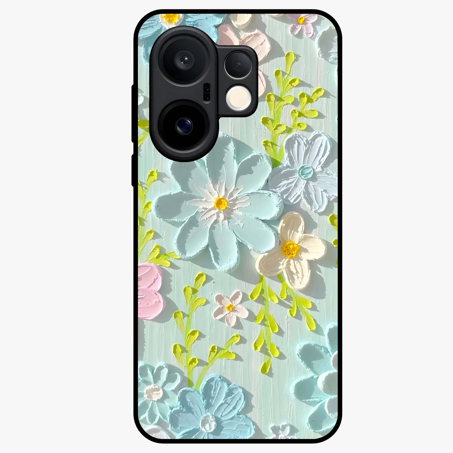 Frosted Petal Garden Glass Case showing flat back view with soft frosted floral artwork and glossy glass finish.