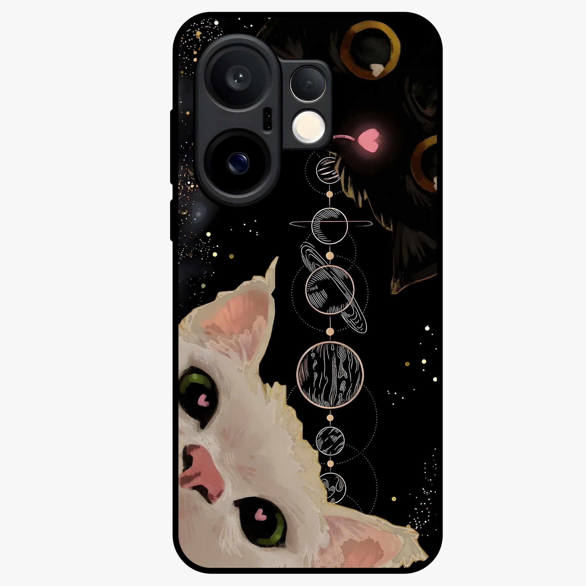 Galactic Cat Glass Case showing flat back view with cosmic cat artwork and glossy glass finish.