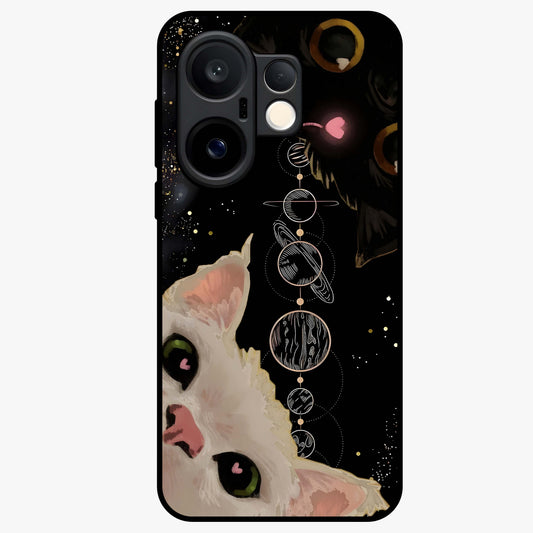 Galactic Cat Glass Case showing flat back view with cosmic cat artwork and glossy glass finish.