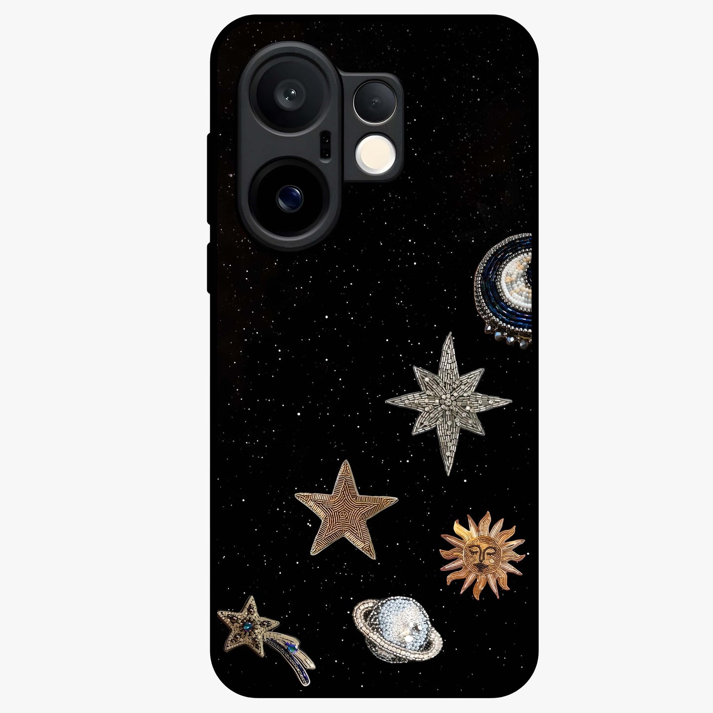 Galactic Charm Glow Glass Case showing flat back view with glowing celestial charm artwork and glossy glass finish.