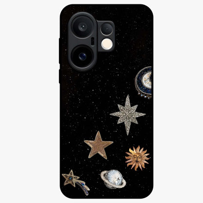 Galactic Charm Glow Glass Case showing flat back view with glowing celestial charm artwork and glossy glass finish.