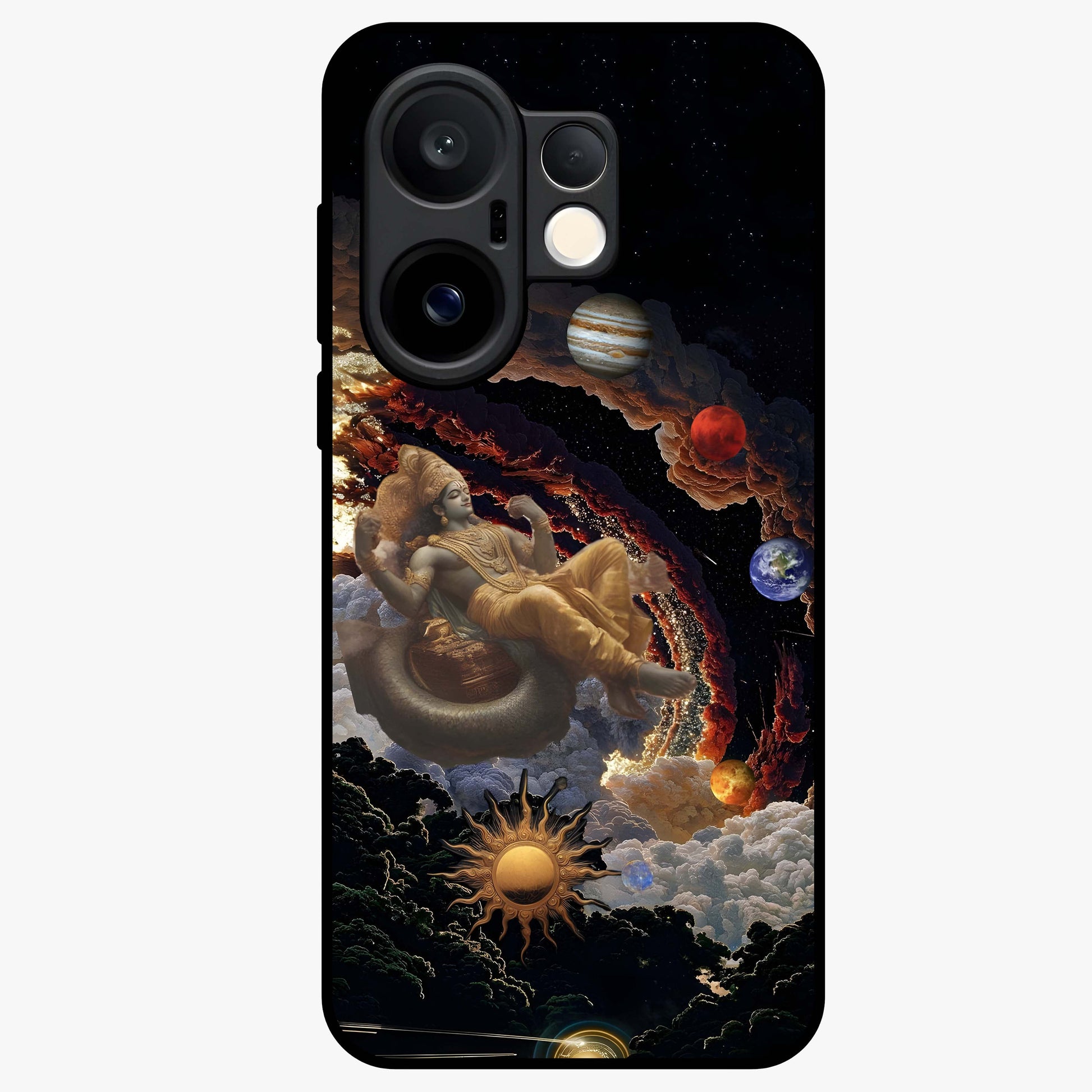 Galactic Divine God Glass Case showing flat back view with divine cosmic themed artwork and glossy glass finish.