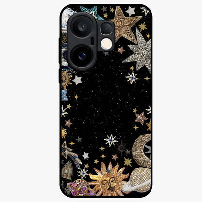 Galactic Jewel Stars Glass Case showing flat back view with sparkling star jewel artwork and glossy glass finish.