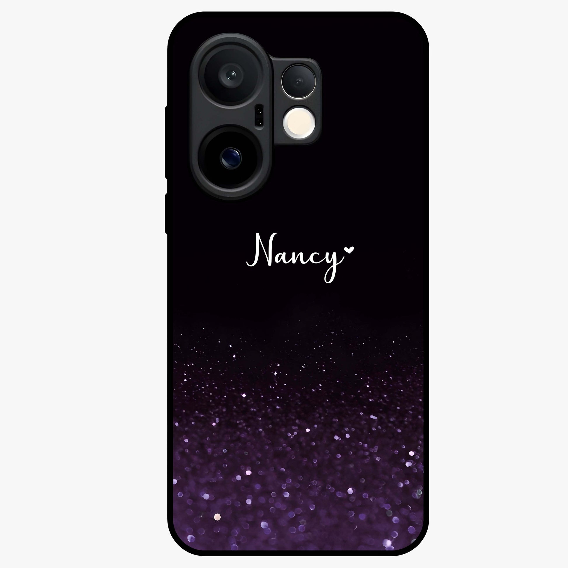 Glittery Purple Bokeh Custom Name Glass Case showing flat back view with purple bokeh sparkle artwork and personalized name design.