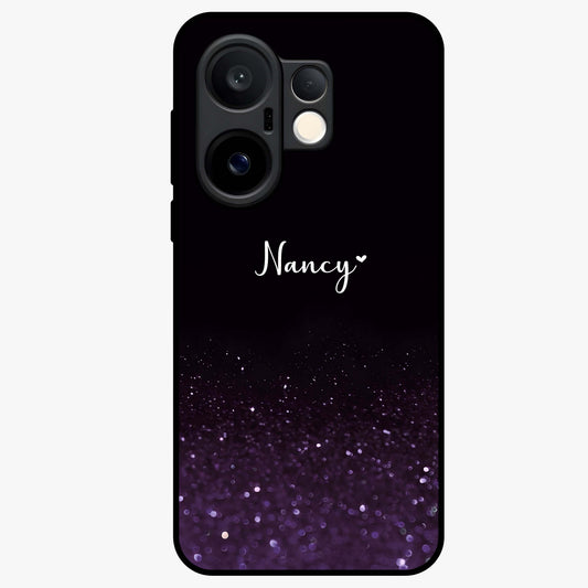 Glittery Purple Bokeh Custom Name Glass Case showing flat back view with purple bokeh sparkle artwork and personalized name design.