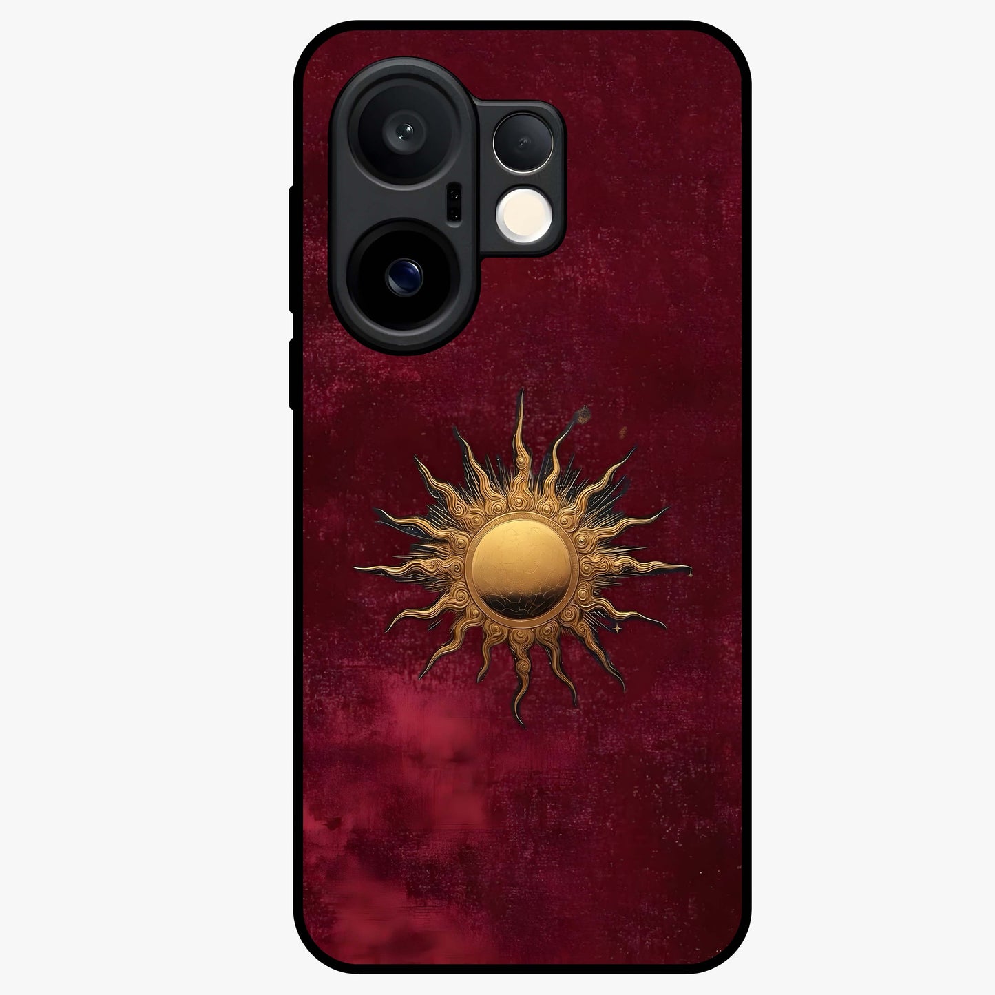 Gold Sun Blush Glass Case showing flat back view with golden sun inspired artwork and glossy glass finish.