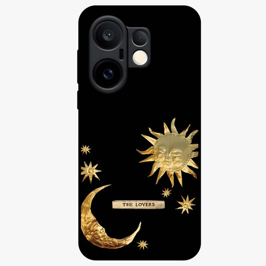 Golden Celestial Charm Glass Case showing flat back view with golden celestial charm artwork and glossy glass finish.