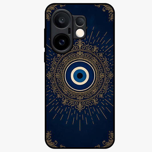 Golden Evil Eye Mandala Glass Case showing flat back view with intricate evil eye mandala artwork and glossy glass finish.