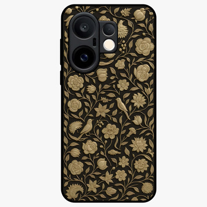 Golden Floral Majesty Glass Case showing flat back view with luxurious golden floral artwork and glossy glass finish.