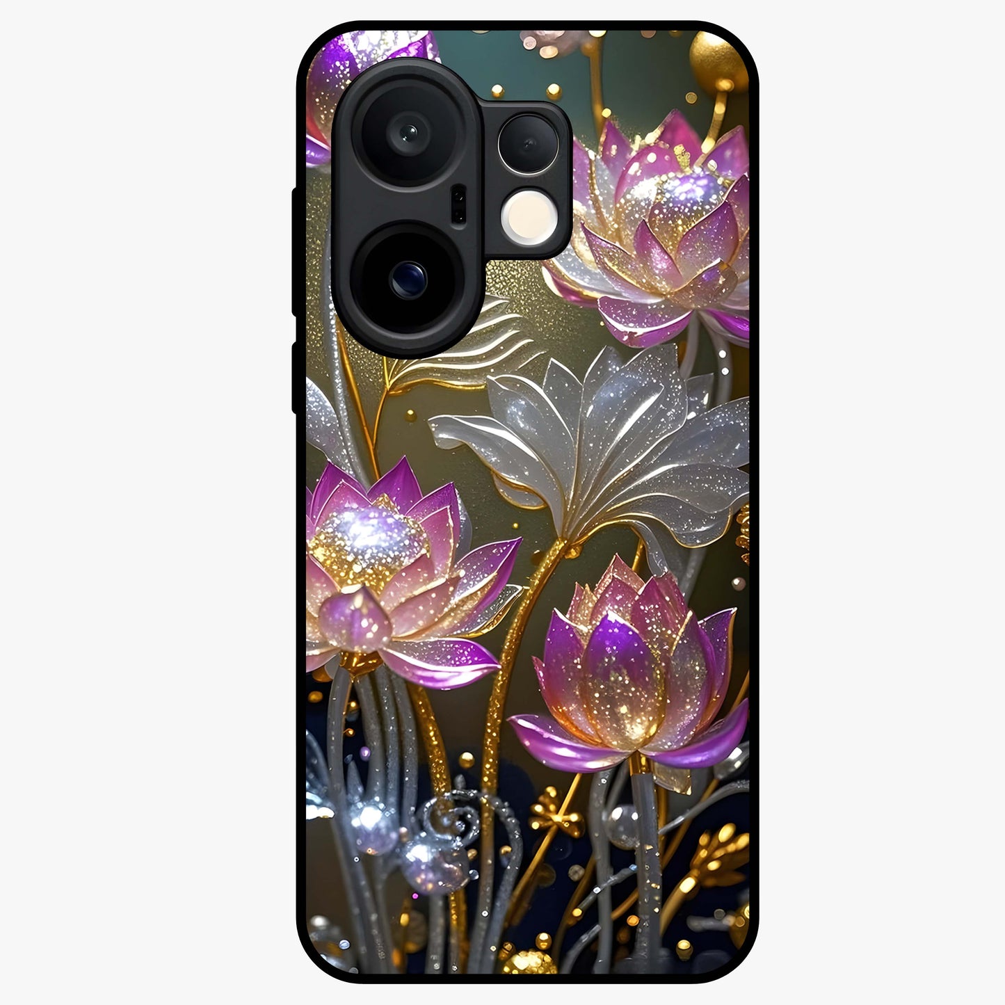 Golden Lotus Glow Glass Case showing flat back view with glowing lotus flower artwork and glossy glass finish.