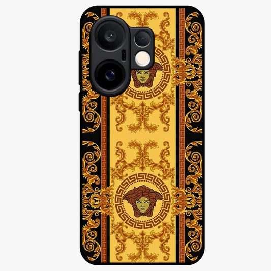 Golden Royal Heritage Glass Case showing flat back view with ornate royal pattern artwork and glossy glass finish.