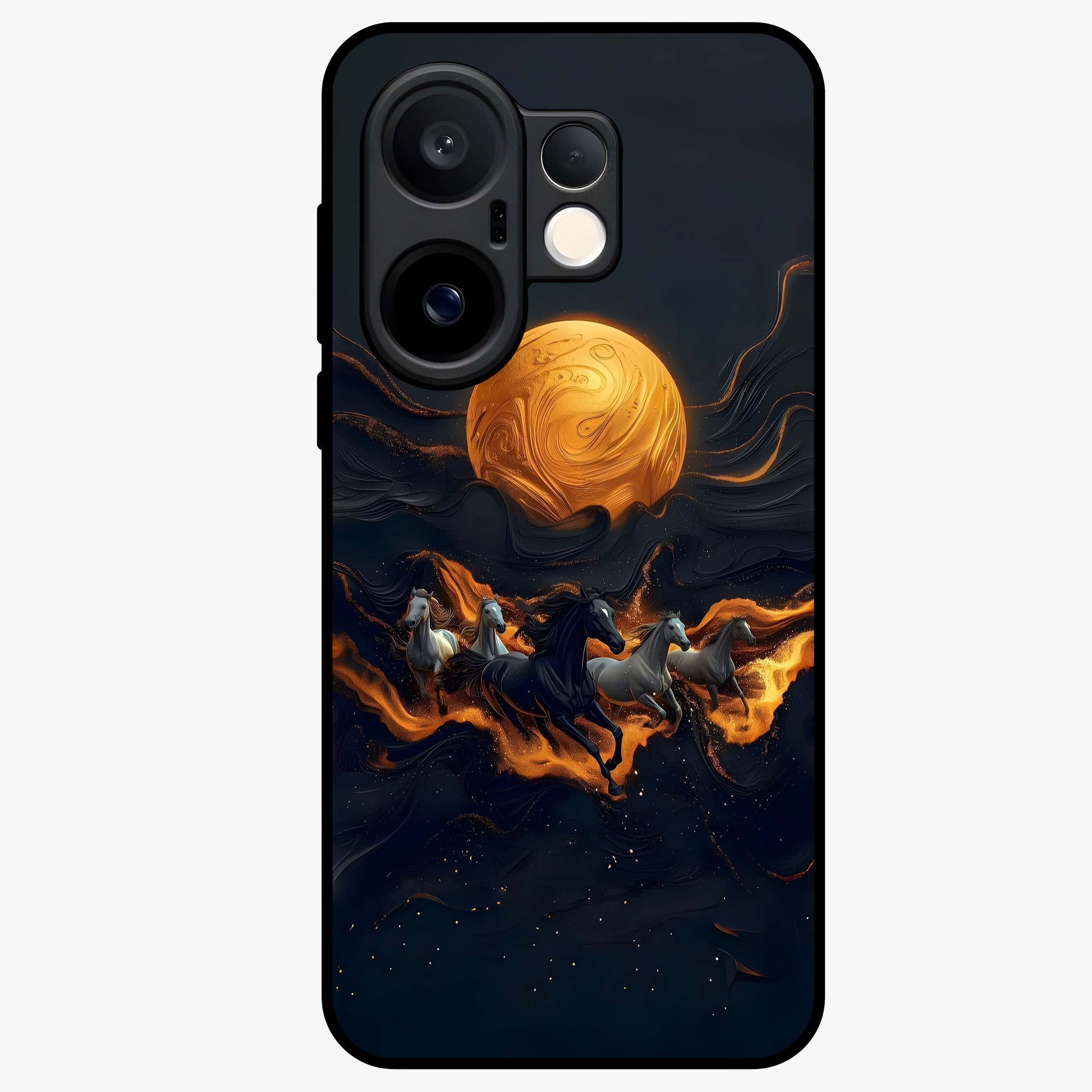 Golden Stallion Moonride Glass Case showing flat back view with majestic horse under moonlight artwork and glossy glass finish.