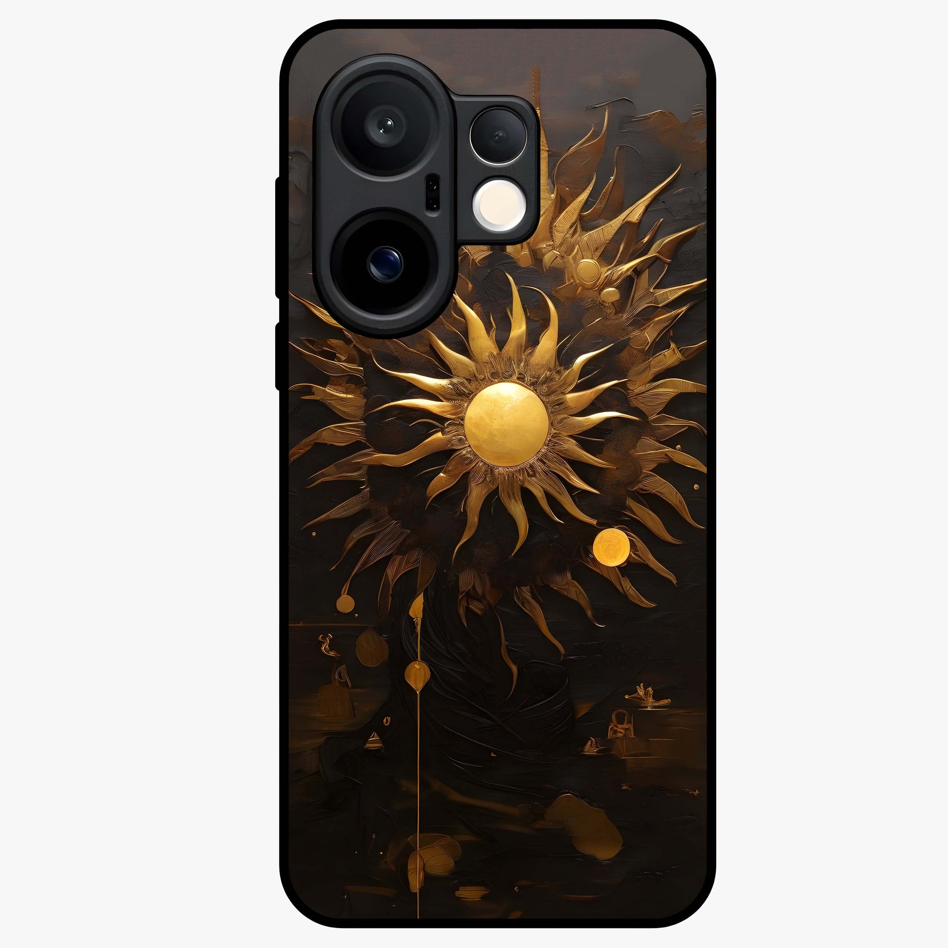 Golden Sun Majesty Glass Case showing flat back view with radiant golden sun artwork and glossy glass finish.