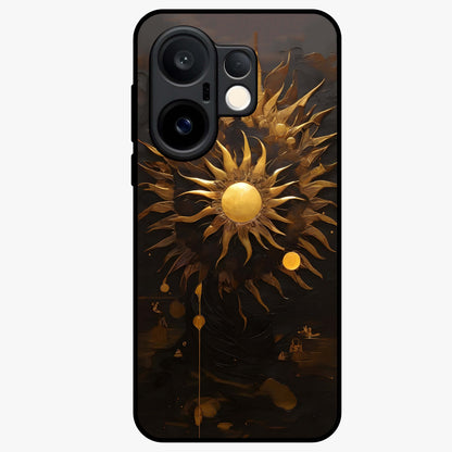Golden Sun Majesty Glass Case showing flat back view with radiant golden sun artwork and glossy glass finish.