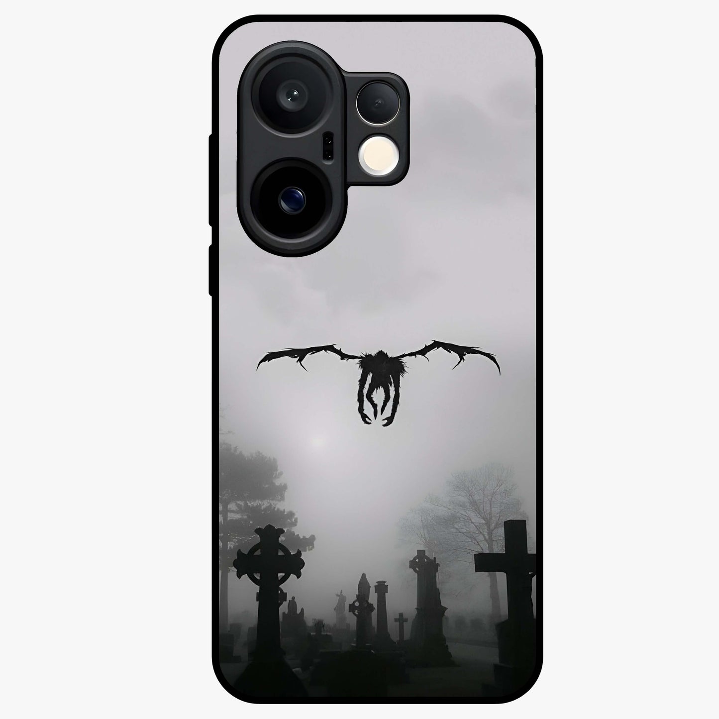Graveyard Shadow Descent Glass Case showing flat back view with dark graveyard themed artwork and glossy glass finish.