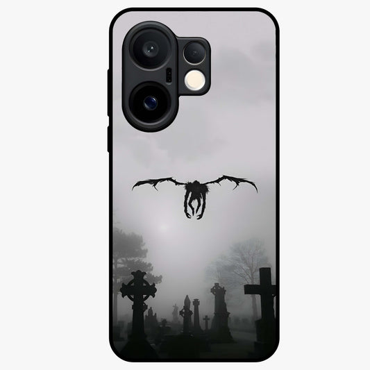 Graveyard Shadow Descent Glass Case showing flat back view with dark graveyard themed artwork and glossy glass finish.