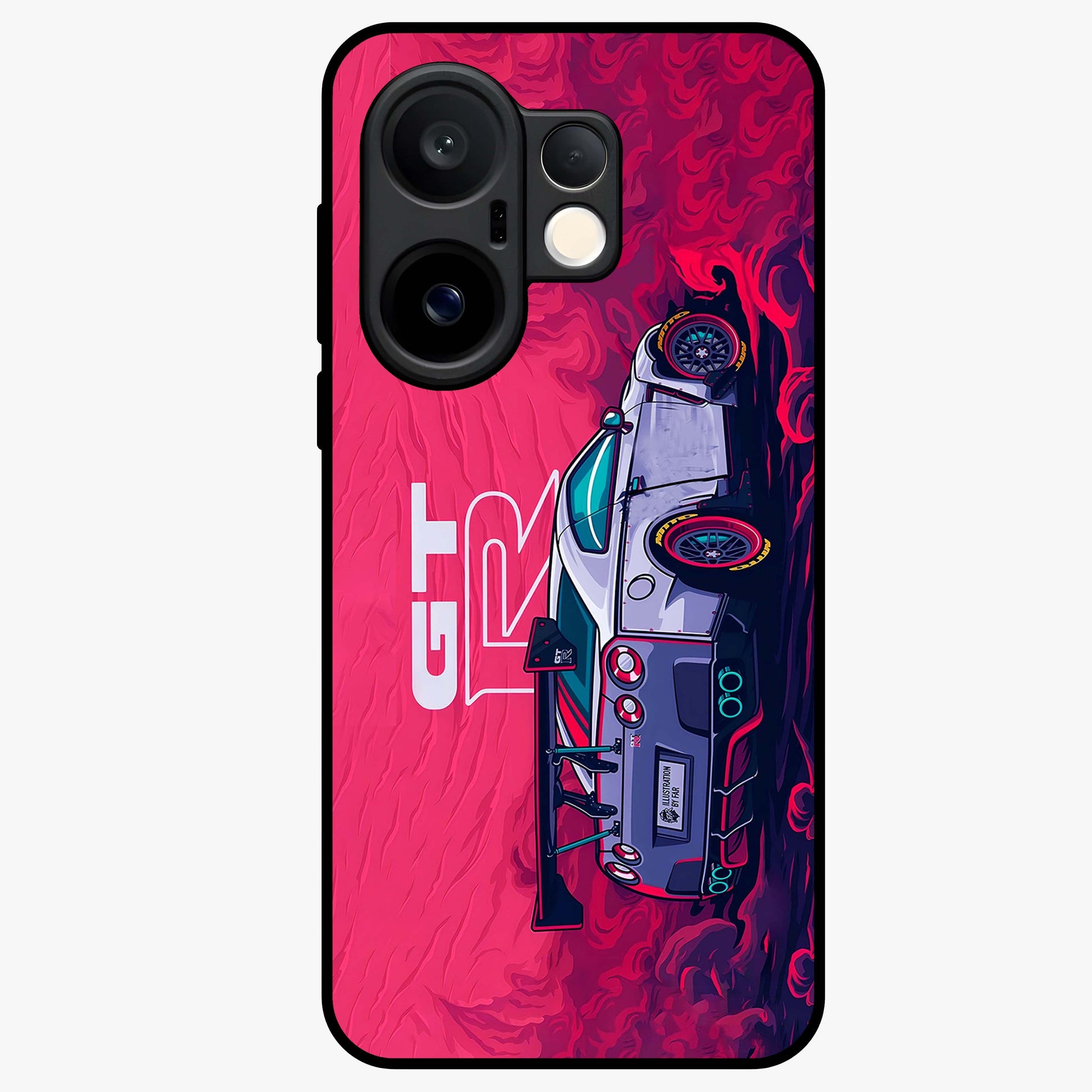 GT-R Car Pattern Glass Case showing flat back view with sporty car inspired pattern artwork and glossy glass finish.