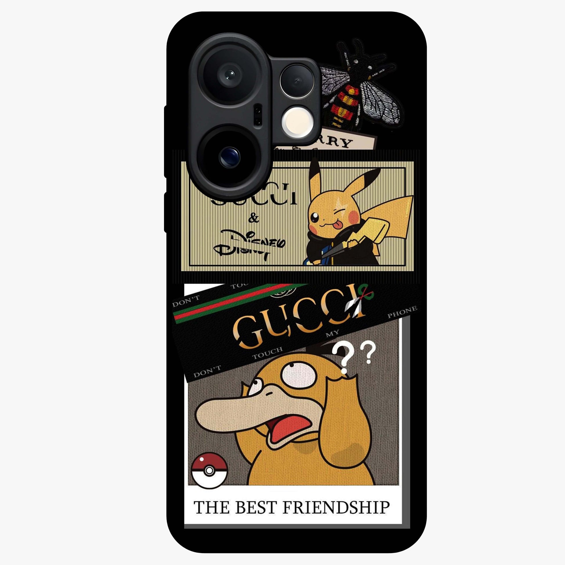 Gucci Play Mashup Glass Case showing flat back view with luxury inspired graphic artwork and glossy glass finish.