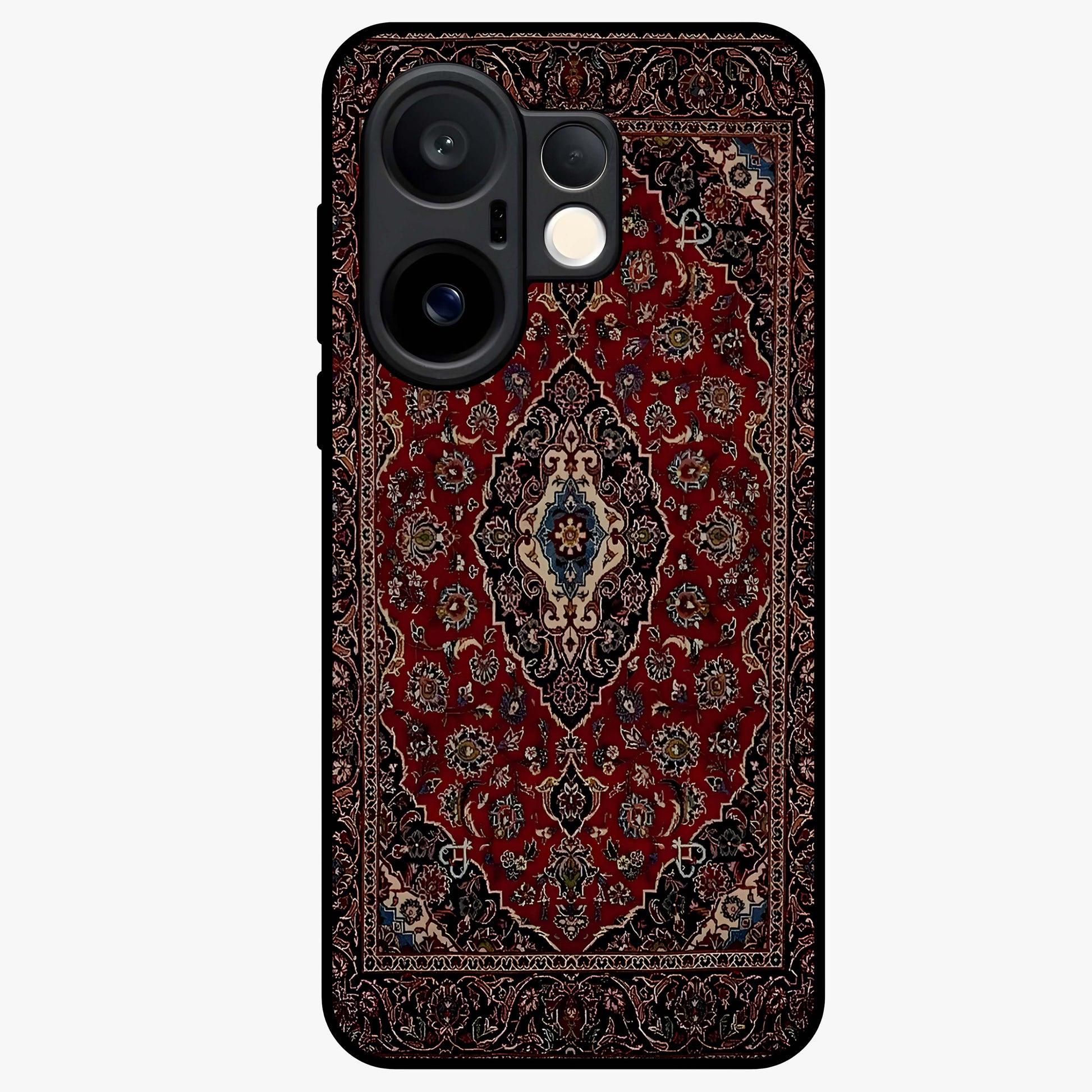 Heritage Carpet Royale Glass Case showing flat back view with ornate Persian carpet inspired pattern and glossy glass finish.