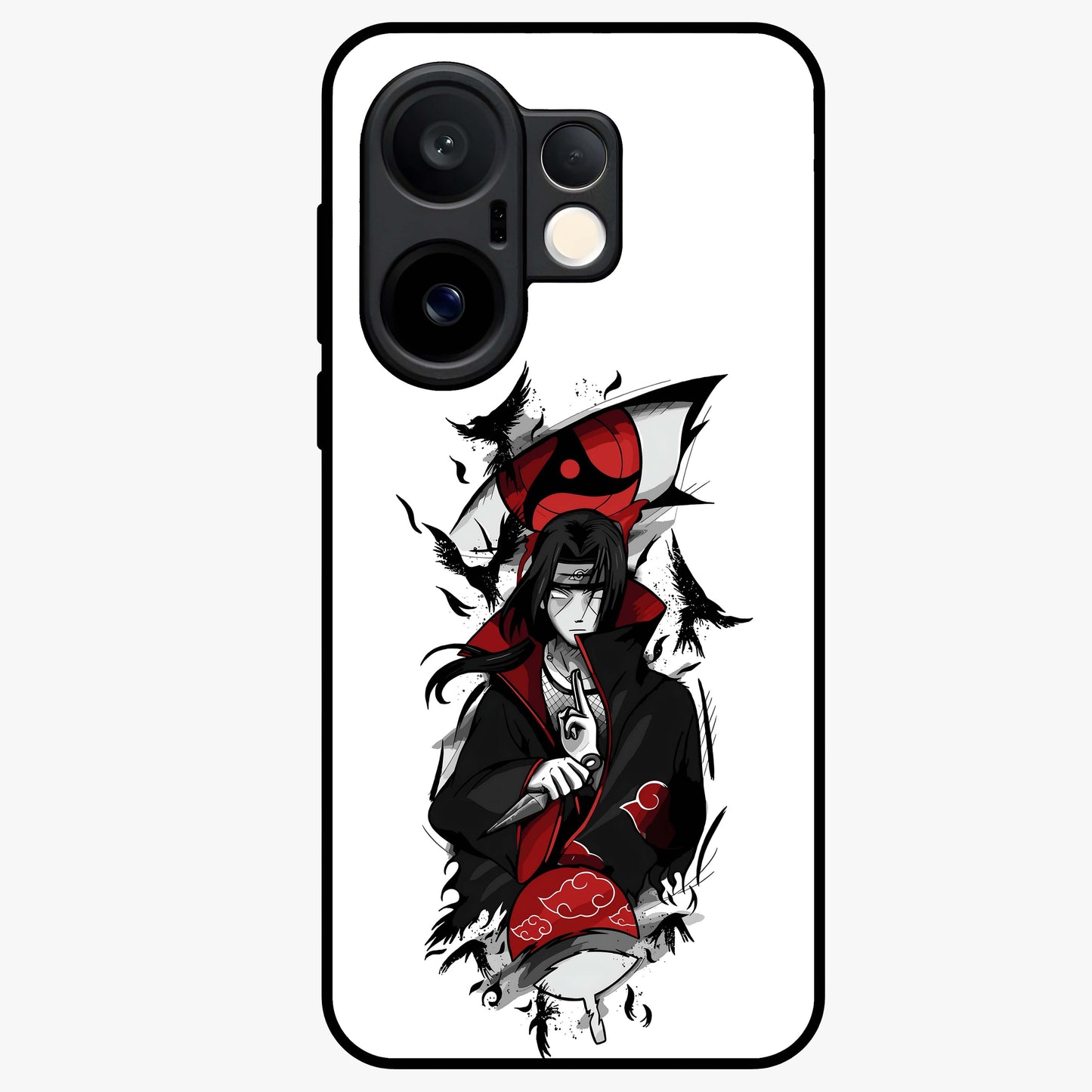 Itachi Sharingan Glass Case showing flat back view with powerful anime eye artwork and glossy glass finish.