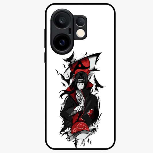 Itachi Sharingan Glass Case showing flat back view with powerful anime eye artwork and glossy glass finish.