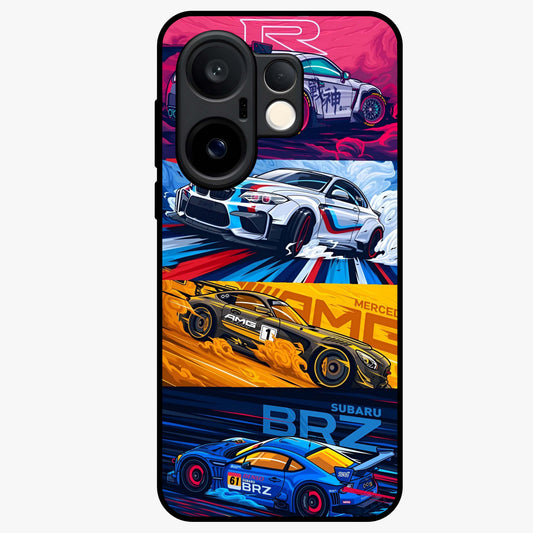 JDM Sports Car Glass Case showing flat back view with high performance sports car artwork and glossy glass finish.