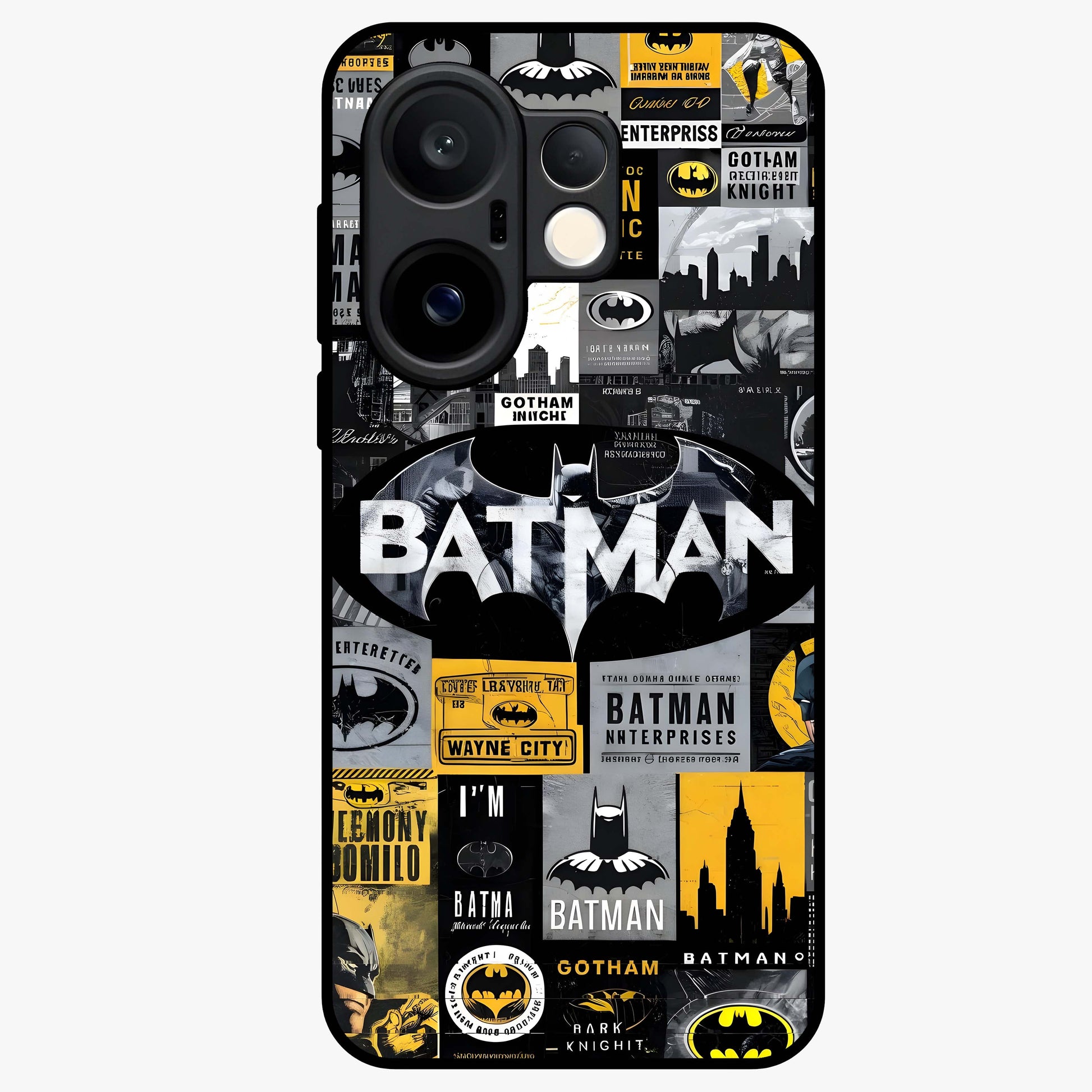 Knight Gotham Rise Glass Case showing flat back view with dark hero inspired artwork and glossy glass finish.