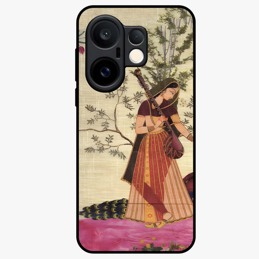 Lady With Veena Art Glass Case showing flat back view with elegant woman playing veena artwork and glossy glass finish.