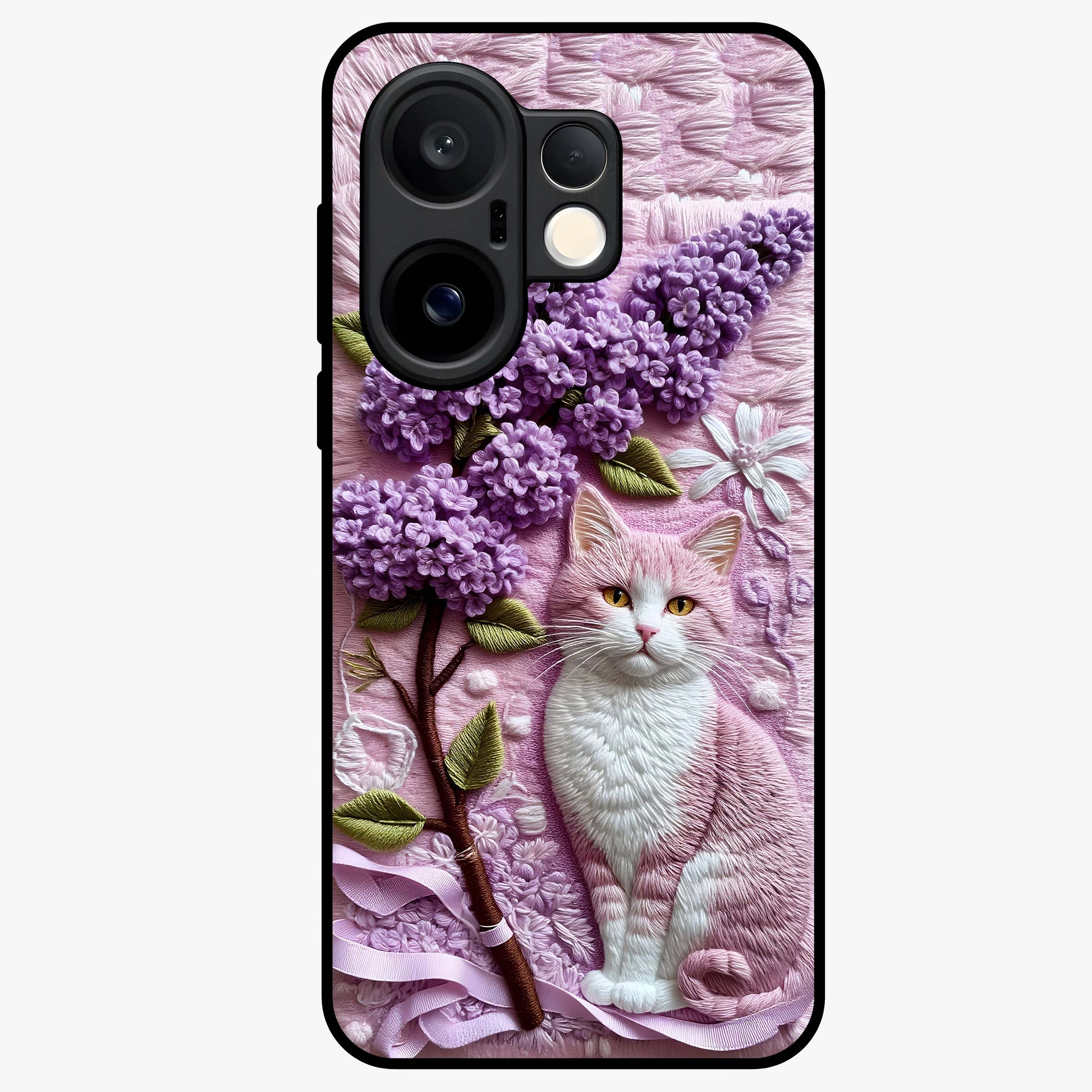 Lavender Cat Whimsy Glass Case showing flat back view with cute lavender cat artwork and glossy glass finish.