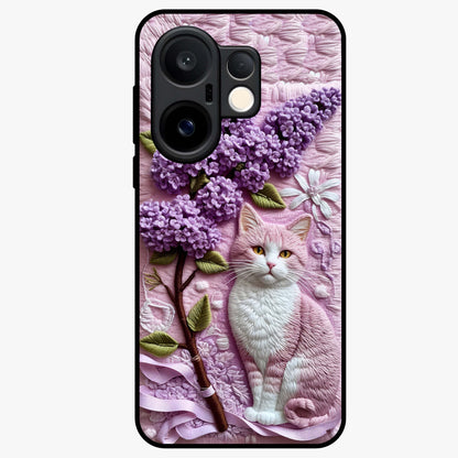 Lavender Cat Whimsy Glass Case showing flat back view with cute lavender cat artwork and glossy glass finish.