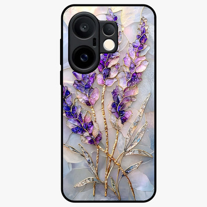 Lavender Dream Glow Glass Case showing flat back view with glowing lavender aesthetic artwork and glossy glass finish.