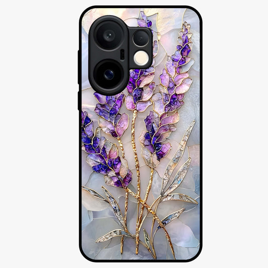 Lavender Dream Glow Glass Case showing flat back view with glowing lavender aesthetic artwork and glossy glass finish.