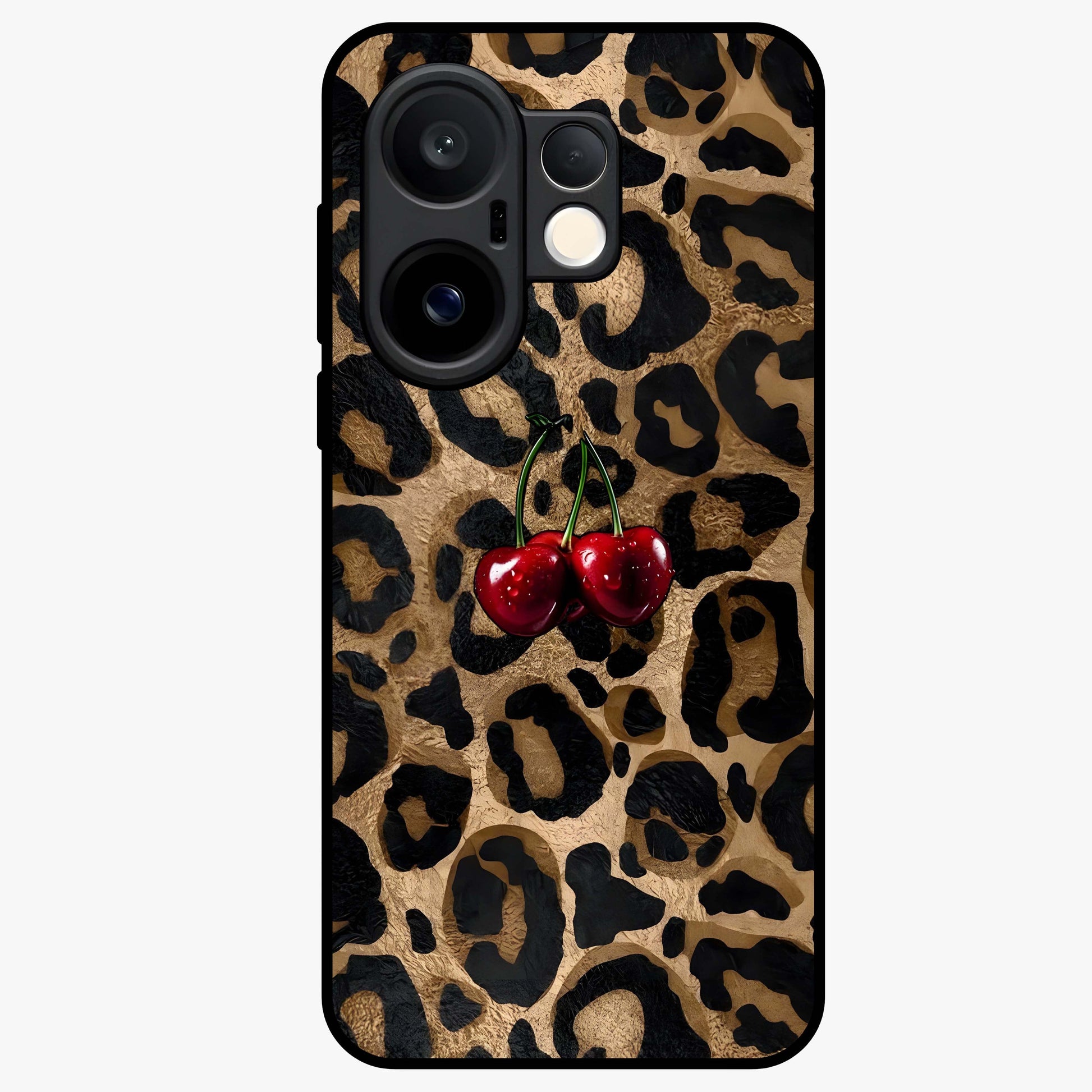 Leopard Wild Cherry Glass Case showing flat back view with leopard pattern and cherry artwork and glossy glass finish.