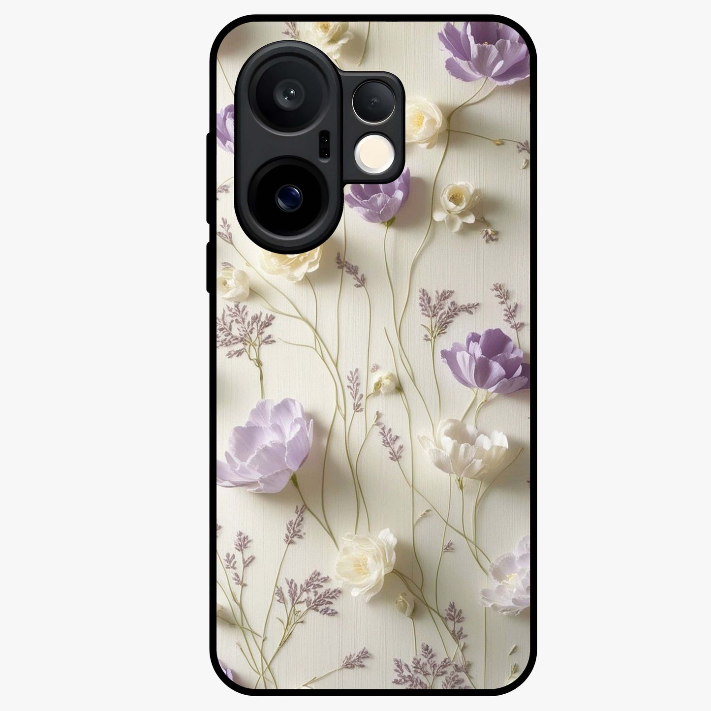 Lilac Breeze Harmony Glass Case showing flat back view with soft lilac themed artwork and glossy glass finish.