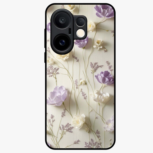 Lilac Breeze Harmony Glass Case showing flat back view with soft lilac themed artwork and glossy glass finish.