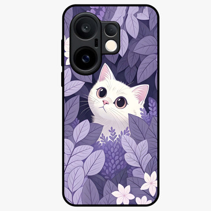 Lilac Hide Peek Cat Glass Case showing flat back view with cute peeking cat artwork and glossy glass finish.