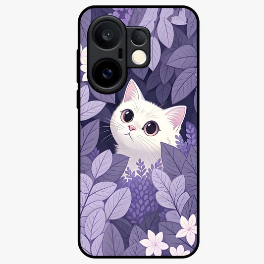Lilac Hide Peek Cat Glass Case showing flat back view with cute peeking cat artwork and glossy glass finish.
