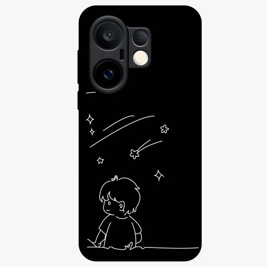 Line Art Boy With Shooting Stars Glass Case showing flat back view with minimal line art boy and shooting stars illustration and glossy glass finish.