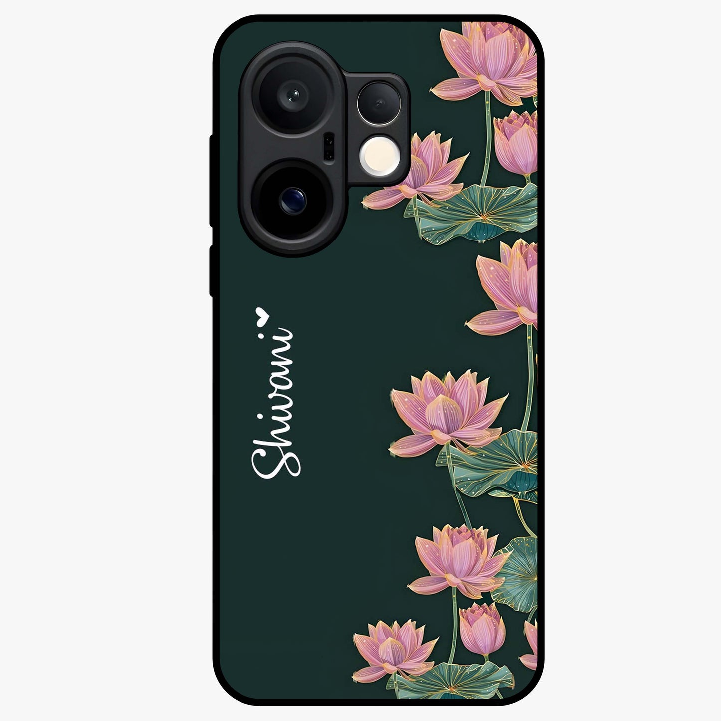 Lotus Bloom Serenity Custom Name Glass Case showing flat back view with elegant lotus flower artwork and personalized name design.